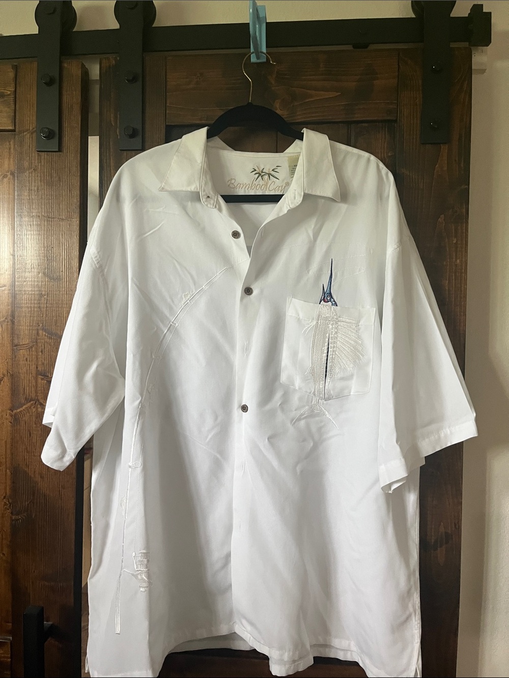 BAMBOO Men’s White Short-Sleeve Casual Button-Down Shirt with Blue Embroidery